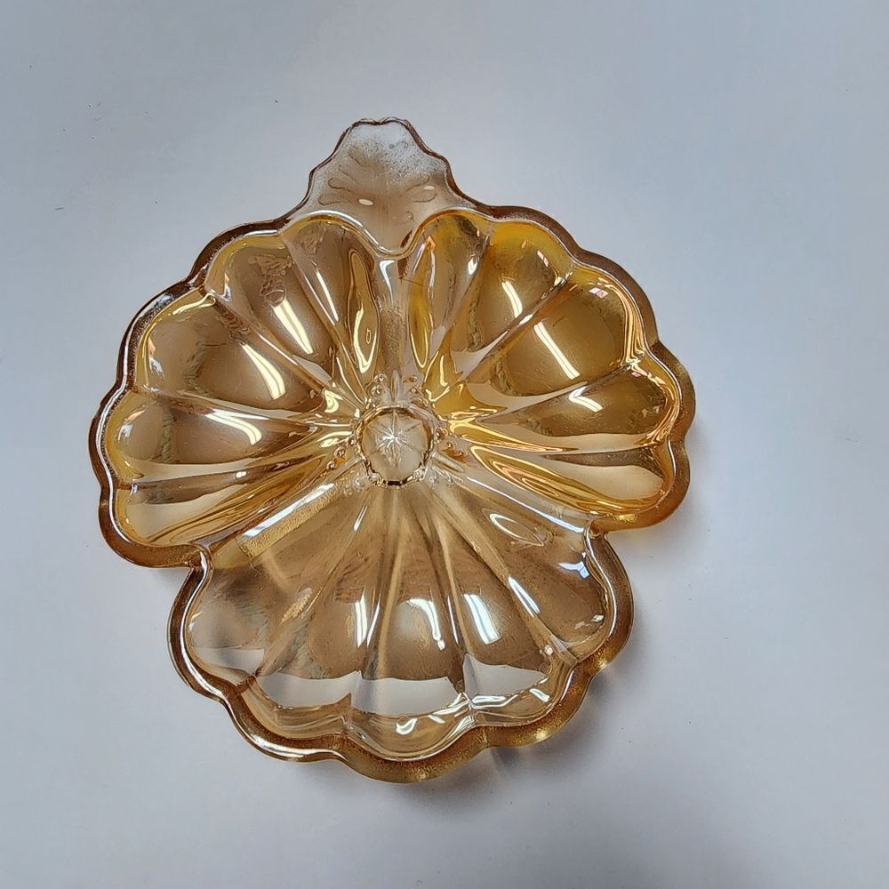 Vintage Marigold Irredescent Carnival Glass Clover Candy Trinket Dish 3 Leaf